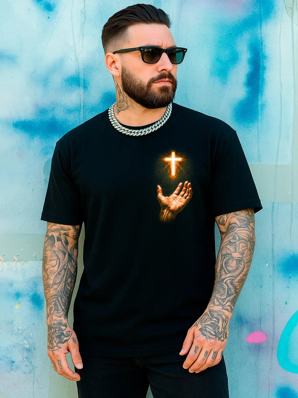 Kit 3 Camisas | Camiseta Cruz Iluminada com Mão Religiosa | Compre 1 Leve 3