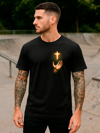 Kit 3 Camisas | Camiseta Cruz Iluminada com Mão Religiosa  | Compre 1 Leve 3