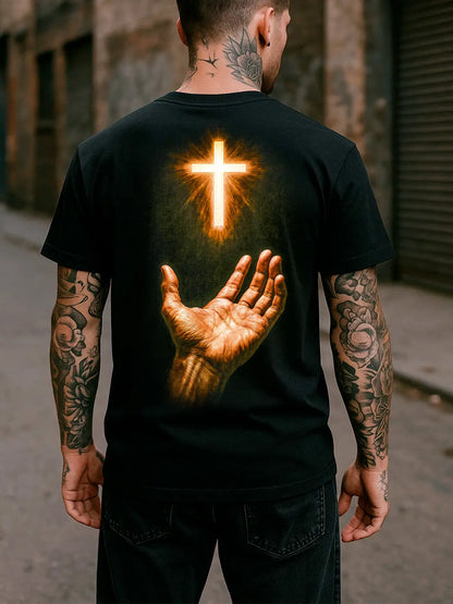 Kit 3 Camisas | Camiseta Cruz Iluminada com Mão Religiosa  | Compre 1 Leve 3