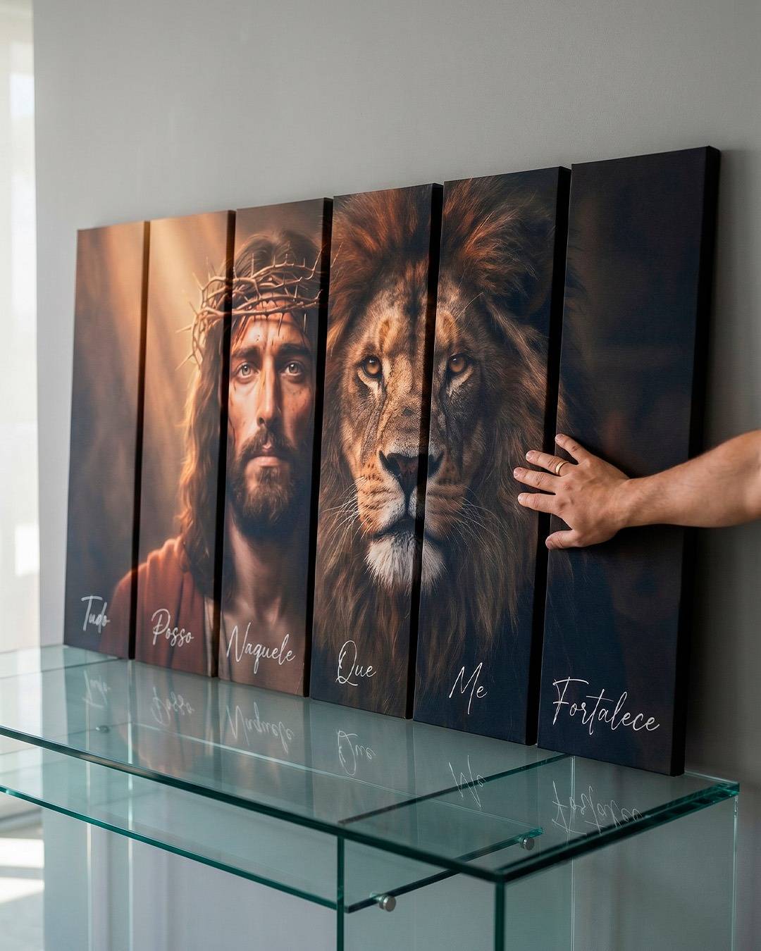 Mosaico Sagrado “Tudo Posso” 160x70cm – Leão de Judá em Canvas Premium