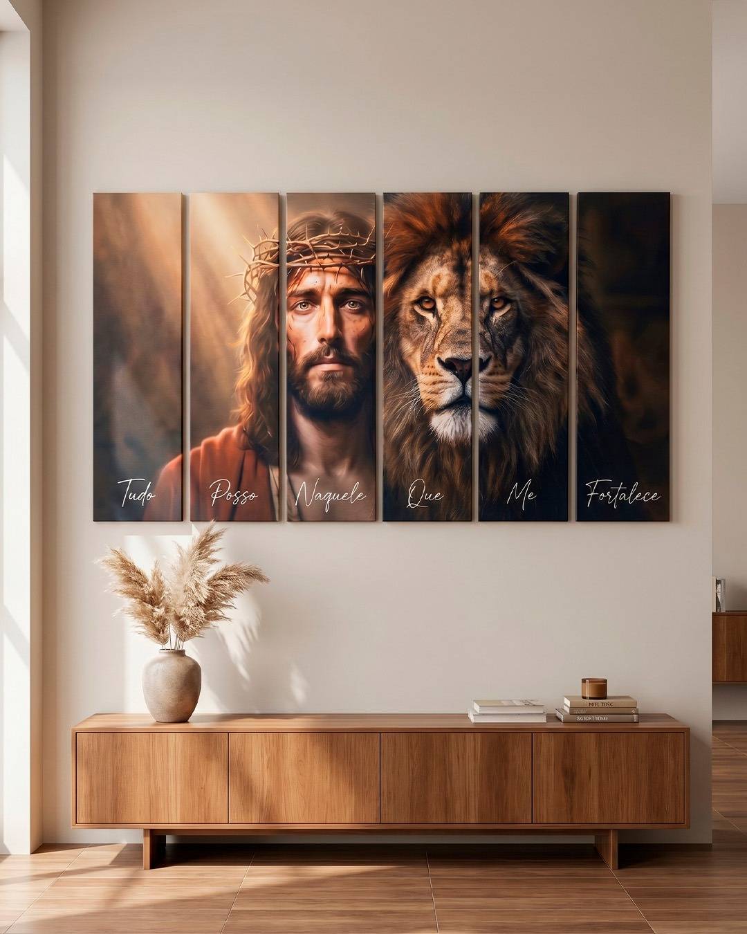 Mosaico Sagrado “Tudo Posso” 160x70cm – Leão de Judá em Canvas Premium