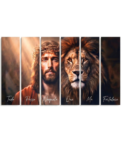 Mosaico Sagrado “Tudo Posso” 160x70cm – Leão de Judá em Canvas Premium